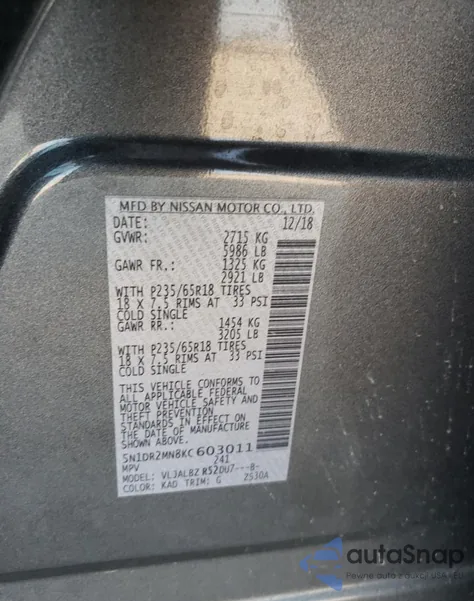 2019 Nissan Pathfinder S z USA, uszkodzony, nr VIN 5N1DR2MN8KC603011